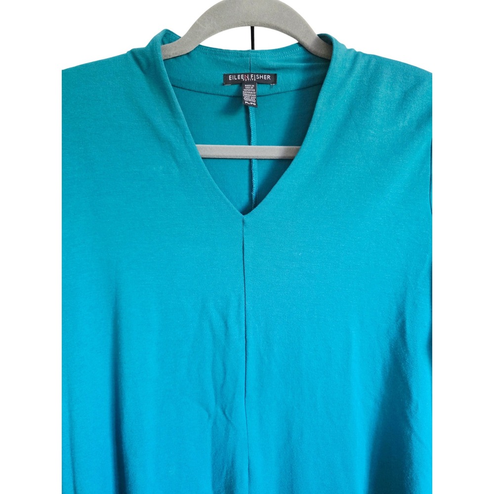 Eileen Fisher Petite Teal V-Neck Long Sleeve Knit Top PL/PG Viscose Stretch‎